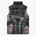 Penrith Panthers Sleeveless Puffer Jacket Tropical Hibiscus Floral Pattern With Black And Grey Accents