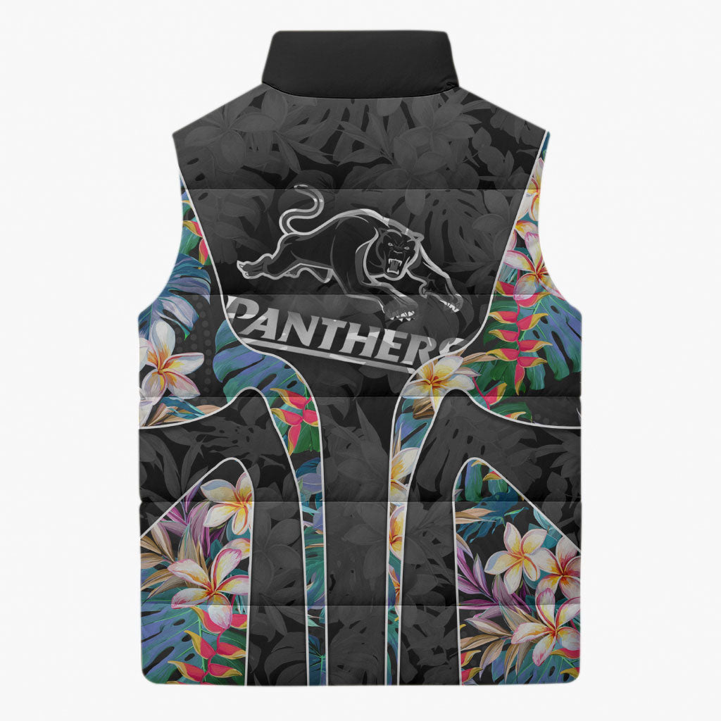 Penrith Panthers Sleeveless Puffer Jacket Tropical Hibiscus Floral Pattern With Black And Grey Accents