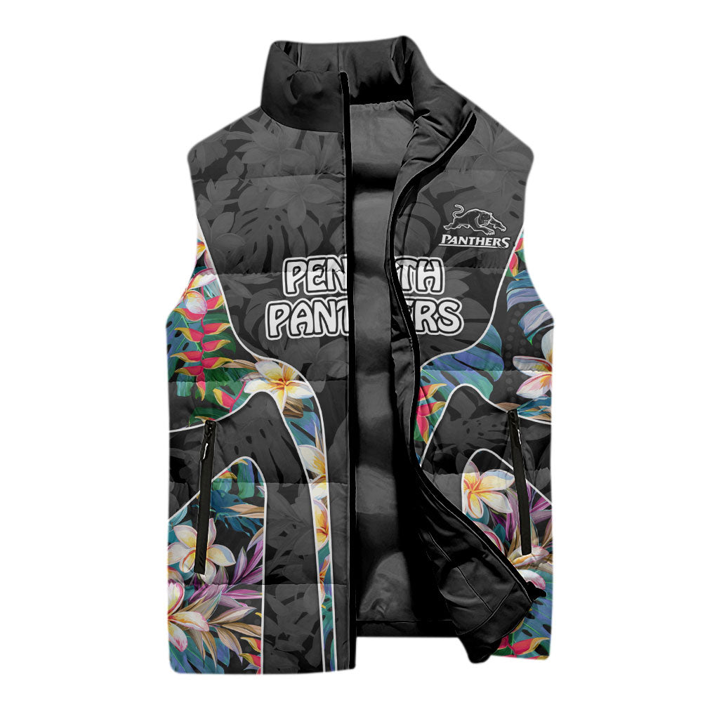 Penrith Panthers Sleeveless Puffer Jacket Tropical Hibiscus Floral Pattern With Black And Grey Accents