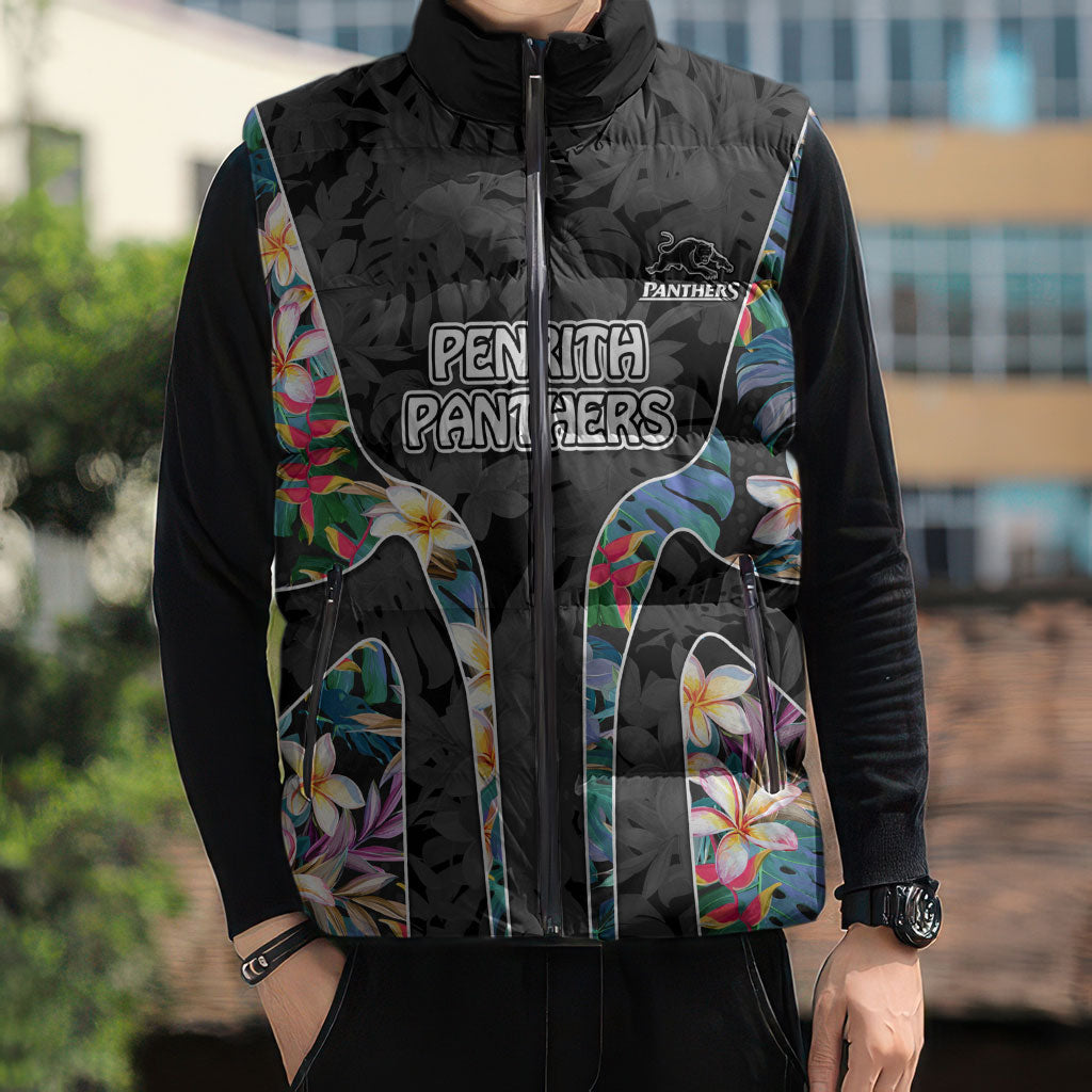 Penrith Panthers Sleeveless Puffer Jacket Tropical Hibiscus Floral Pattern With Black And Grey Accents
