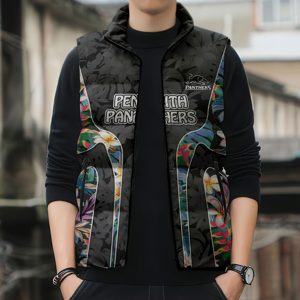 Penrith Panthers Sleeveless Puffer Jacket Tropical Hibiscus Floral Pattern With Black And Grey Accents