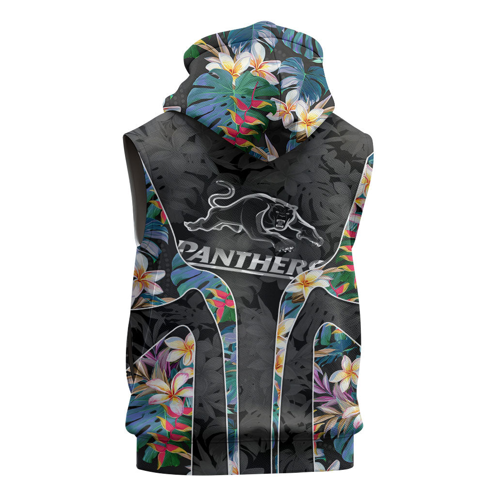 Penrith Panthers Sleeveless Zip Hoodie Tropical Hibiscus Floral Pattern With Black And Grey Accents