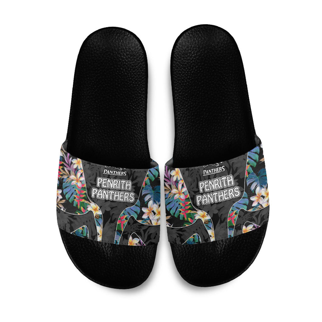 Penrith Panthers Slide Sandals Tropical Hibiscus Floral Pattern With Black And Grey Accents