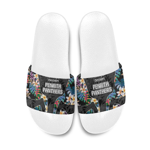 Penrith Panthers Slide Sandals Tropical Hibiscus Floral Pattern With Black And Grey Accents