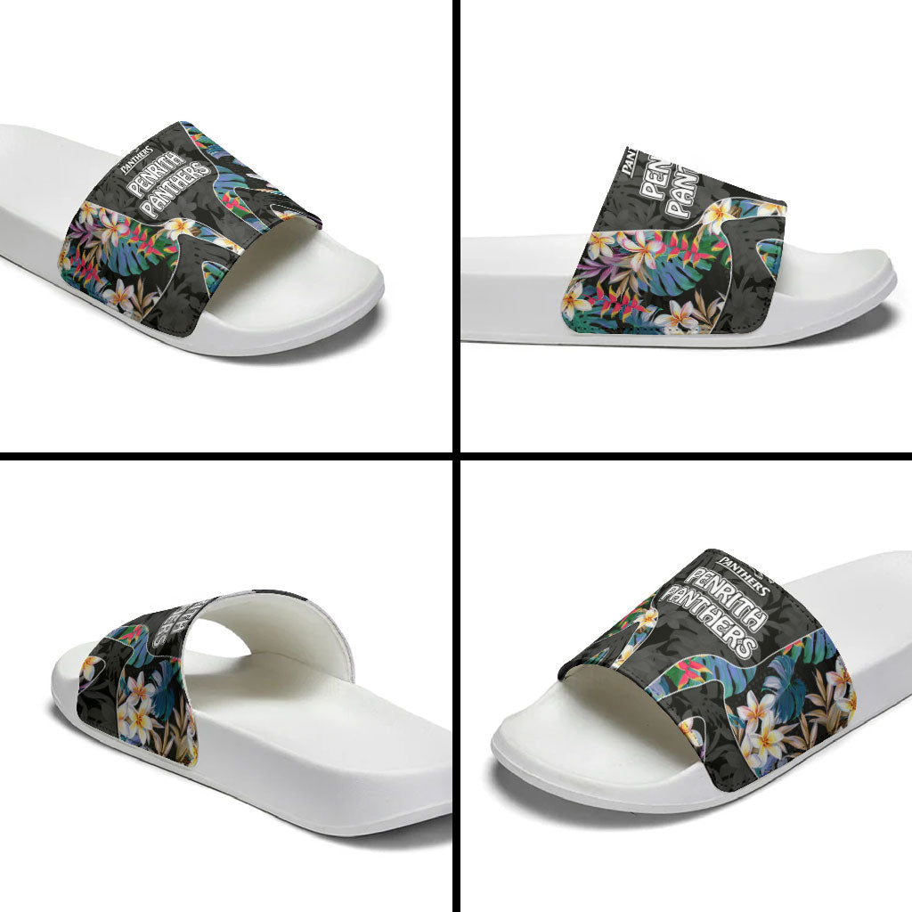 Penrith Panthers Slide Sandals Tropical Hibiscus Floral Pattern With Black And Grey Accents