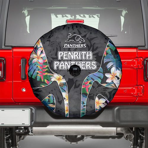 Penrith Panthers Spare Tire Cover Tropical Hibiscus Floral Pattern With Black And Grey Accents