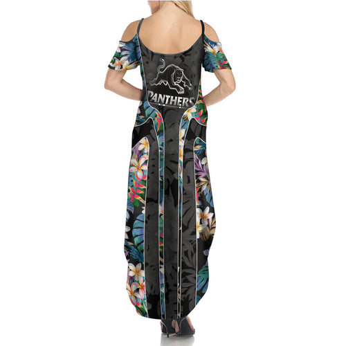 Penrith Panthers Summer Maxi Dress Tropical Hibiscus Floral Pattern With Black And Grey Accents