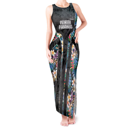 Penrith Panthers Tank Maxi Dress Tropical Hibiscus Floral Pattern With Black And Grey Accents