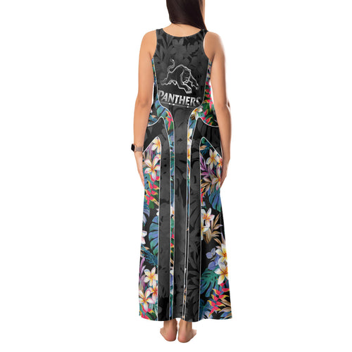 Penrith Panthers Tank Maxi Dress Tropical Hibiscus Floral Pattern With Black And Grey Accents