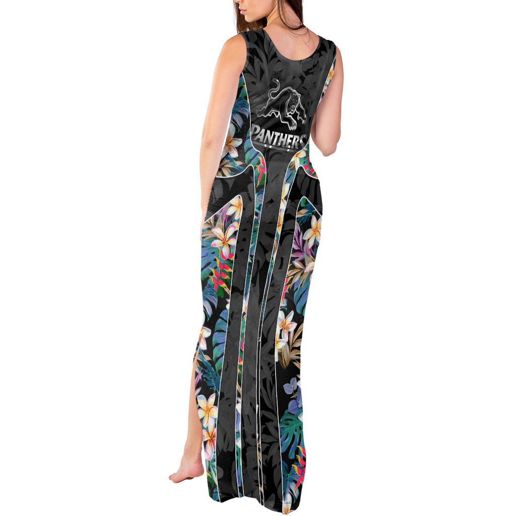 Penrith Panthers Tank Maxi Dress Tropical Hibiscus Floral Pattern With Black And Grey Accents