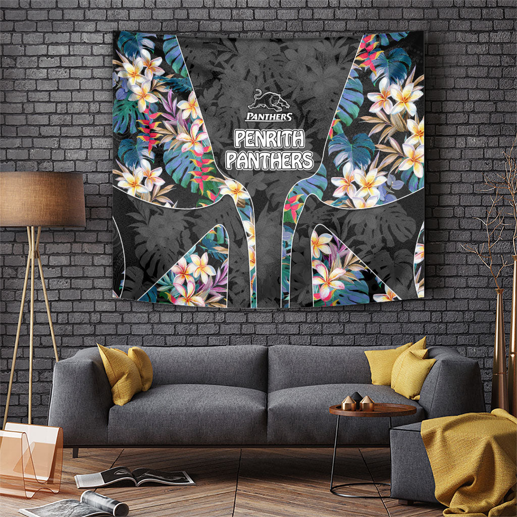 Penrith Panthers Tapestry Tropical Hibiscus Floral Pattern With Black And Grey Accents
