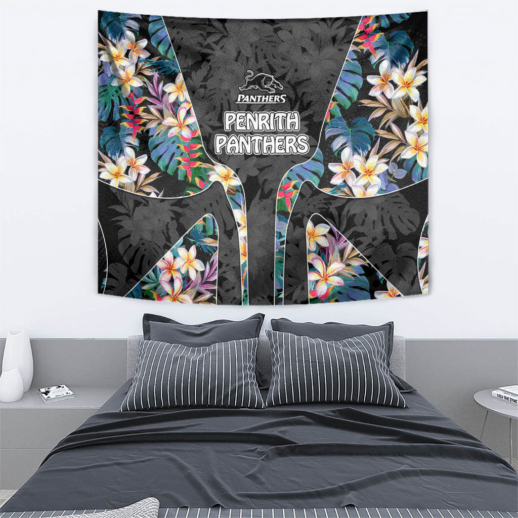Penrith Panthers Tapestry Tropical Hibiscus Floral Pattern With Black And Grey Accents