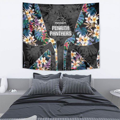 Penrith Panthers Tapestry Tropical Hibiscus Floral Pattern With Black And Grey Accents