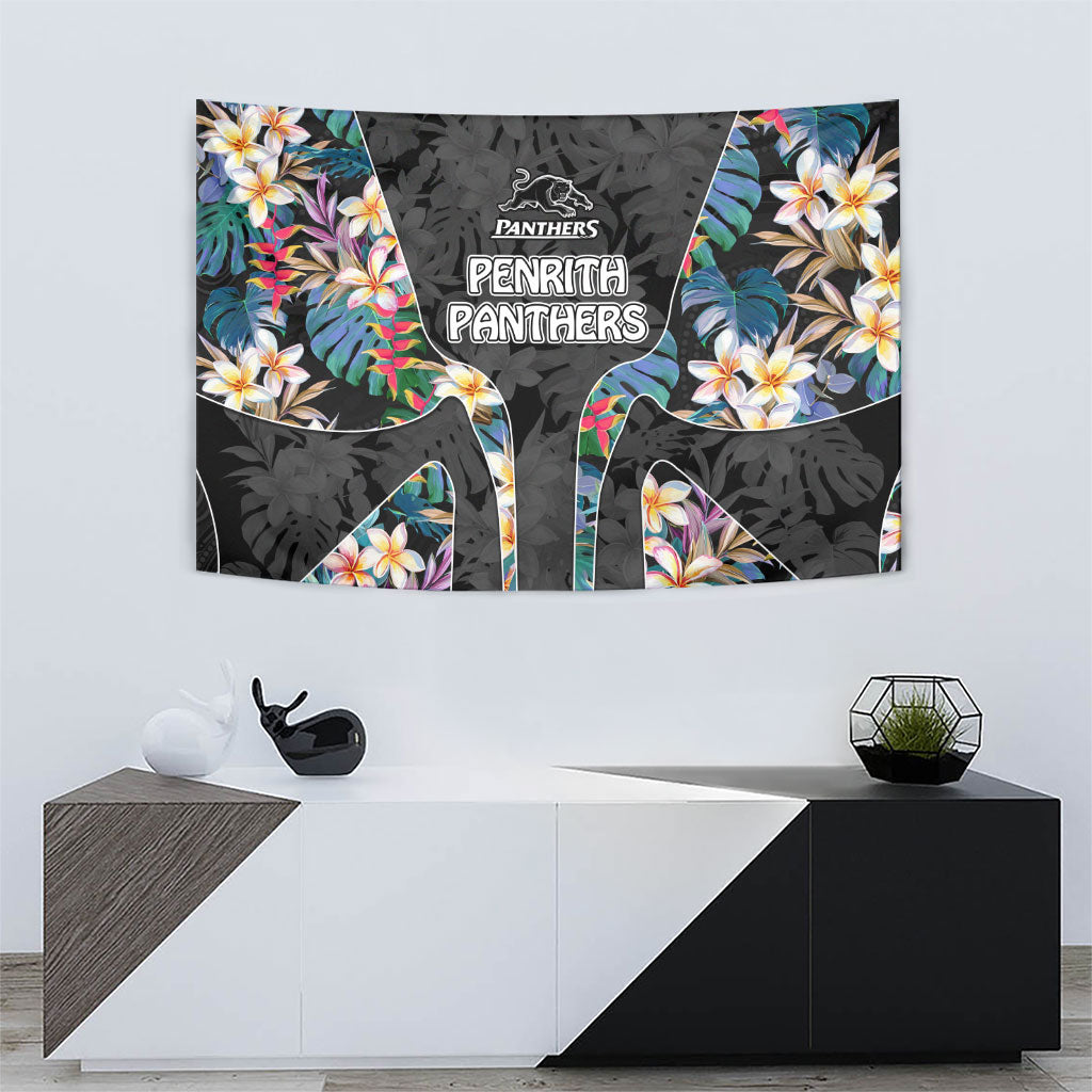 Penrith Panthers Tapestry Tropical Hibiscus Floral Pattern With Black And Grey Accents