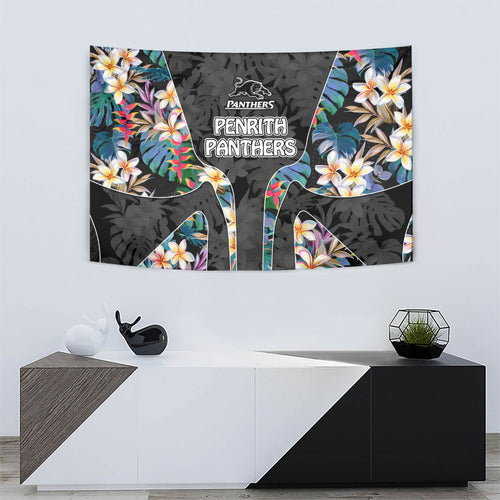 Penrith Panthers Tapestry Tropical Hibiscus Floral Pattern With Black And Grey Accents