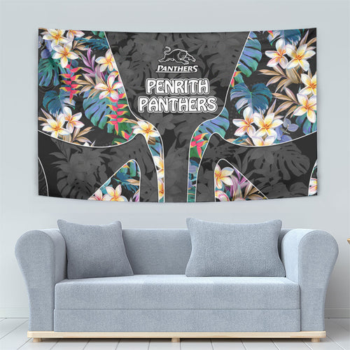 Penrith Panthers Tapestry Tropical Hibiscus Floral Pattern With Black And Grey Accents
