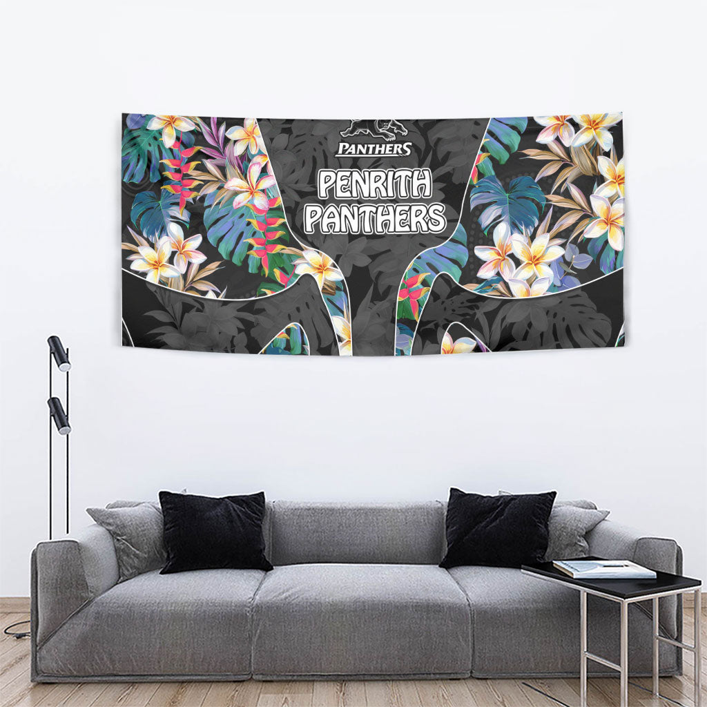 Penrith Panthers Tapestry Tropical Hibiscus Floral Pattern With Black And Grey Accents