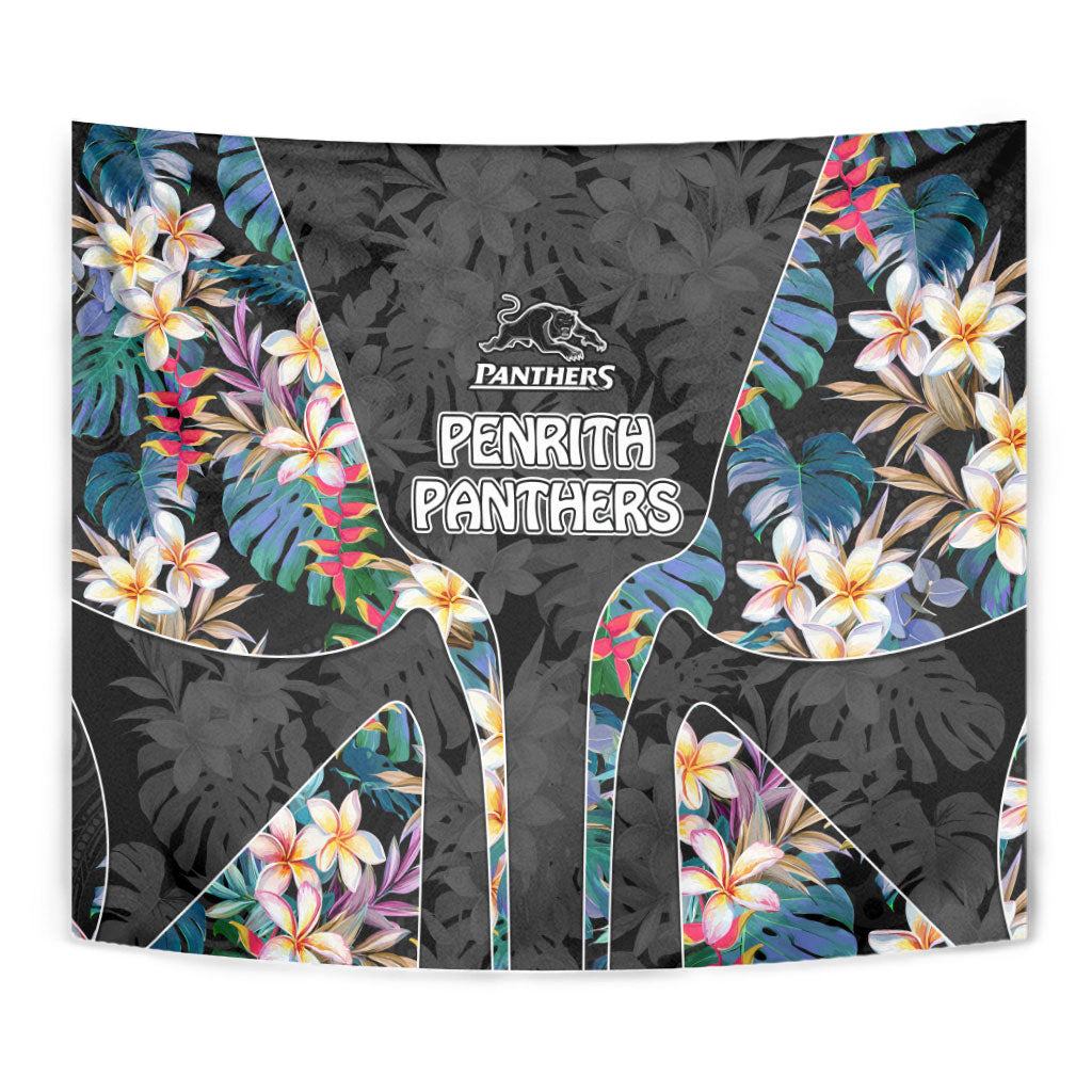 Penrith Panthers Tapestry Tropical Hibiscus Floral Pattern With Black And Grey Accents