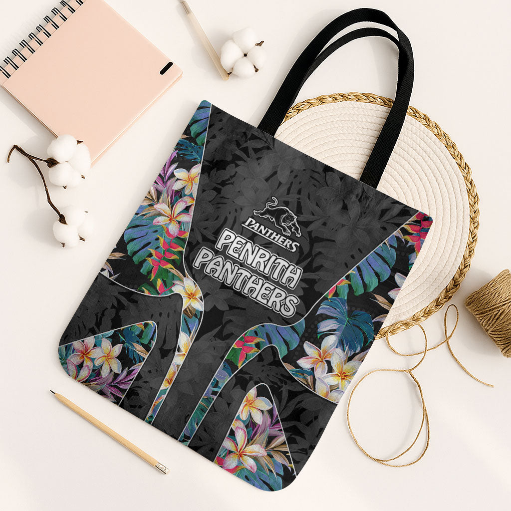Penrith Panthers Tote Bag Tropical Hibiscus Floral Pattern With Black And Grey Accents