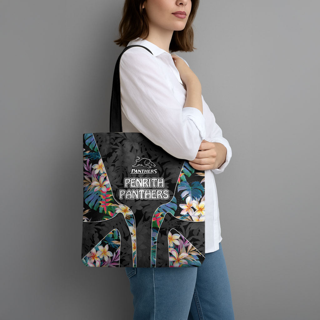 Penrith Panthers Tote Bag Tropical Hibiscus Floral Pattern With Black And Grey Accents