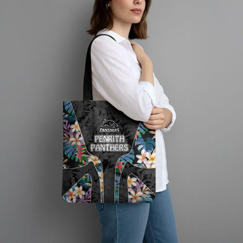 Penrith Panthers Tote Bag Tropical Hibiscus Floral Pattern With Black And Grey Accents