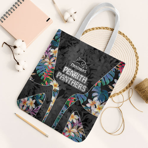 Penrith Panthers Tote Bag Tropical Hibiscus Floral Pattern With Black And Grey Accents