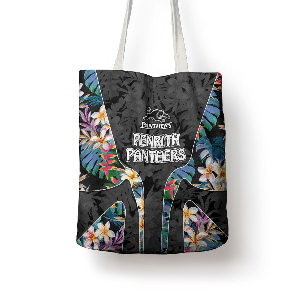 Penrith Panthers Tote Bag Tropical Hibiscus Floral Pattern With Black And Grey Accents