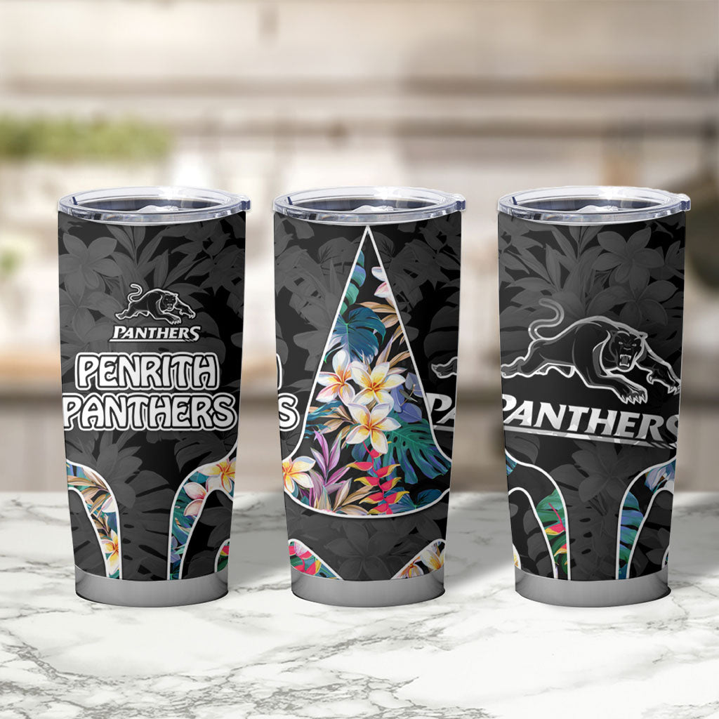 Penrith Panthers Tumbler Cup Tropical Hibiscus Floral Pattern With Black And Grey Accents