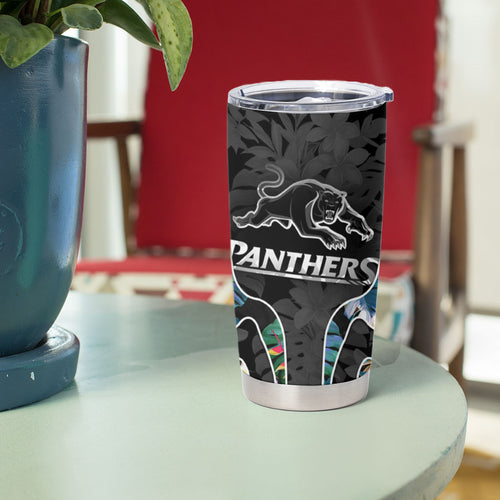 Penrith Panthers Tumbler Cup Tropical Hibiscus Floral Pattern With Black And Grey Accents