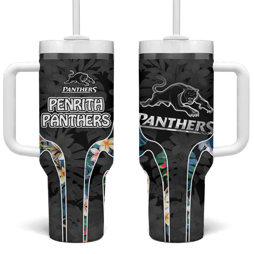 Penrith Panthers Tumbler With Handle Tropical Hibiscus Floral Pattern With Black And Grey Accents