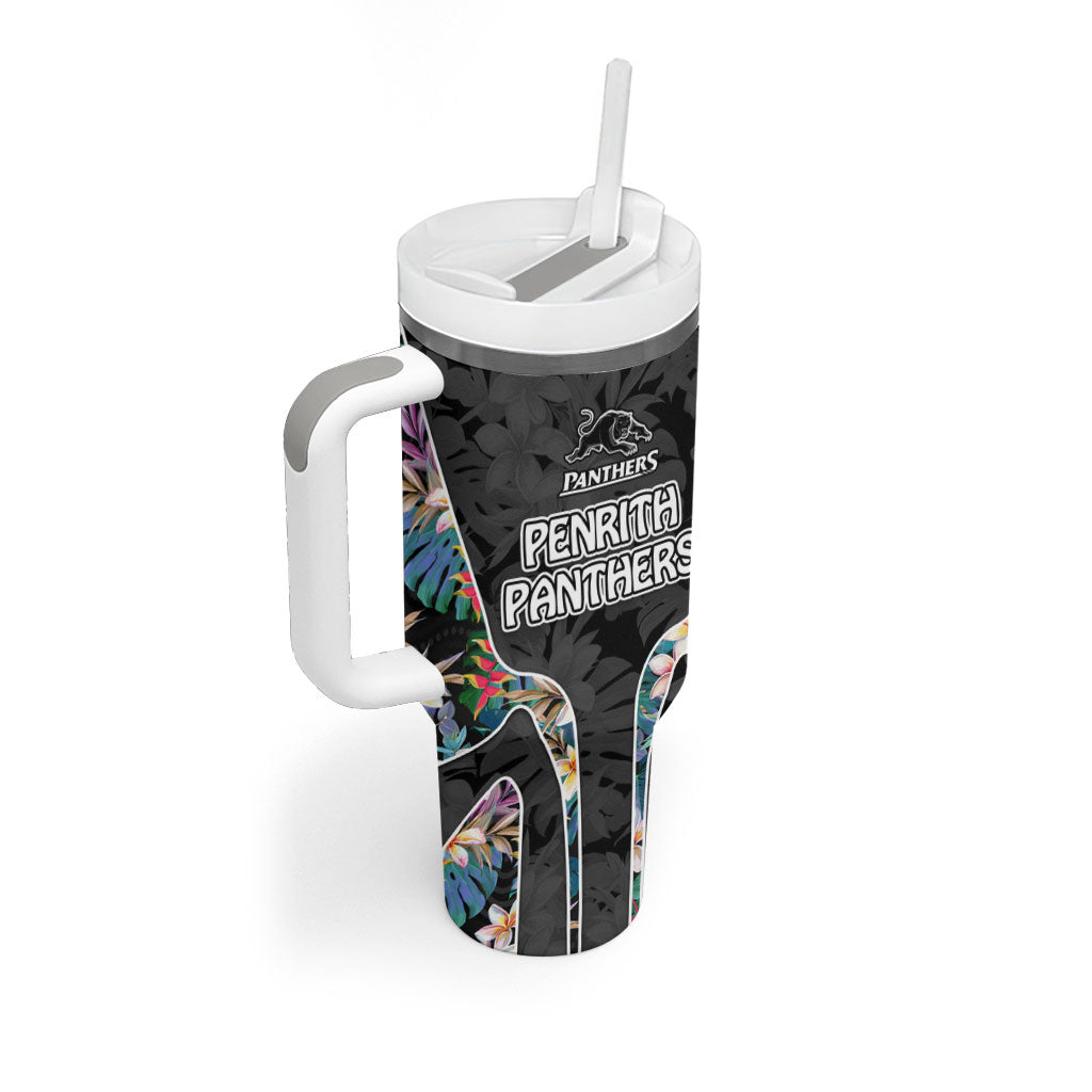 Penrith Panthers Tumbler With Handle Tropical Hibiscus Floral Pattern With Black And Grey Accents