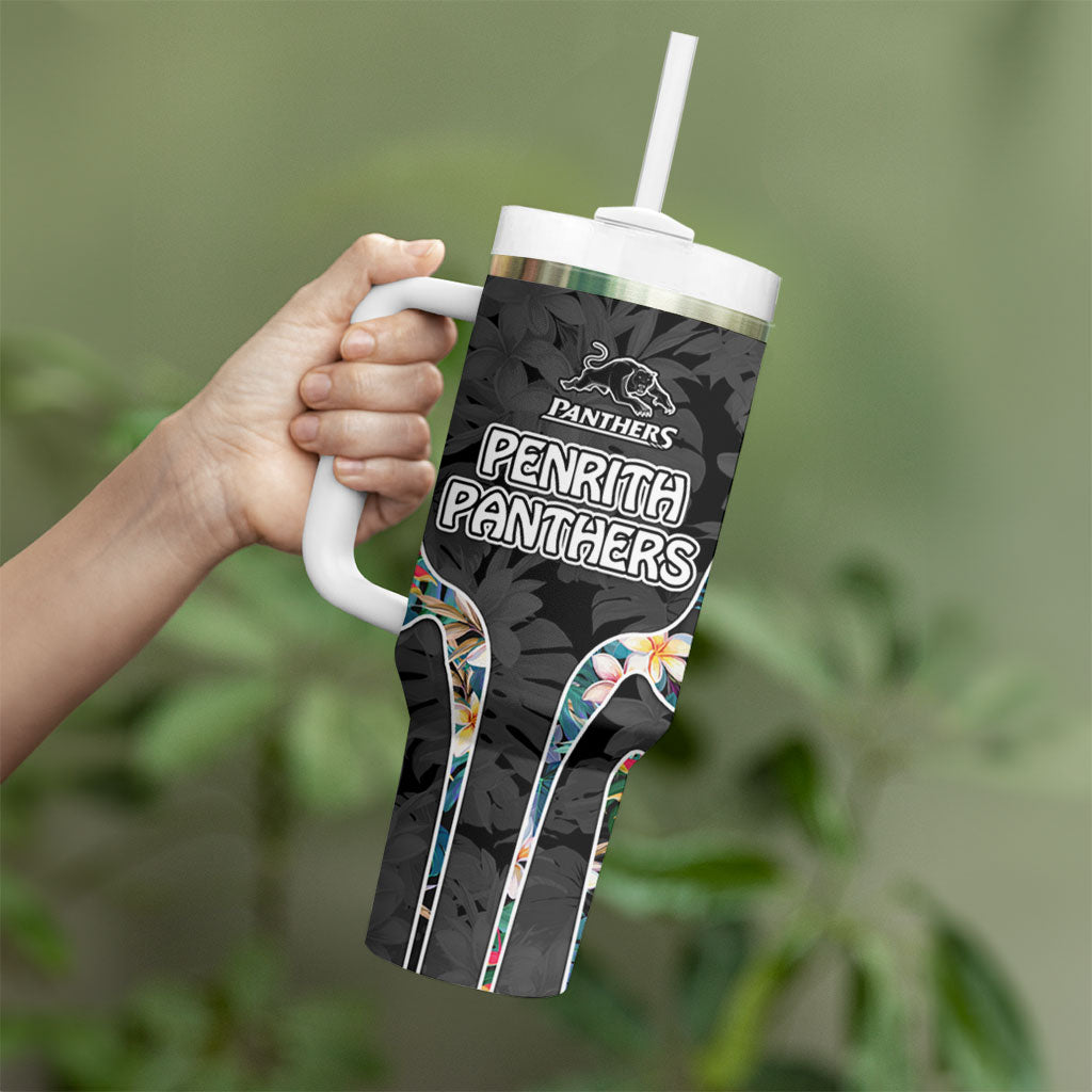 Penrith Panthers Tumbler With Handle Tropical Hibiscus Floral Pattern With Black And Grey Accents