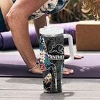 Penrith Panthers Tumbler With Handle Tropical Hibiscus Floral Pattern With Black And Grey Accents