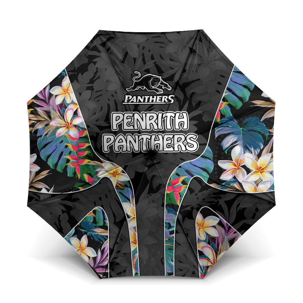 Penrith Panthers Umbrella Tropical Hibiscus Floral Pattern With Black And Grey Accents
