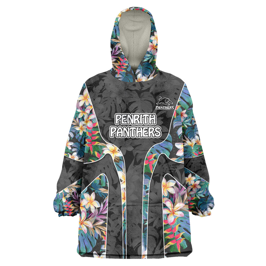 Penrith Panthers Wearable Blanket Hoodie Tropical Hibiscus Floral Pattern With Black And Grey Accents