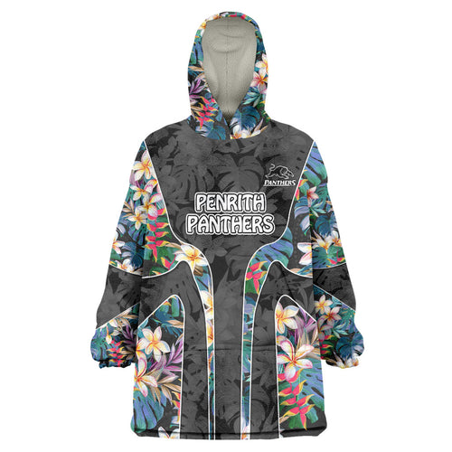 Penrith Panthers Wearable Blanket Hoodie Tropical Hibiscus Floral Pattern With Black And Grey Accents