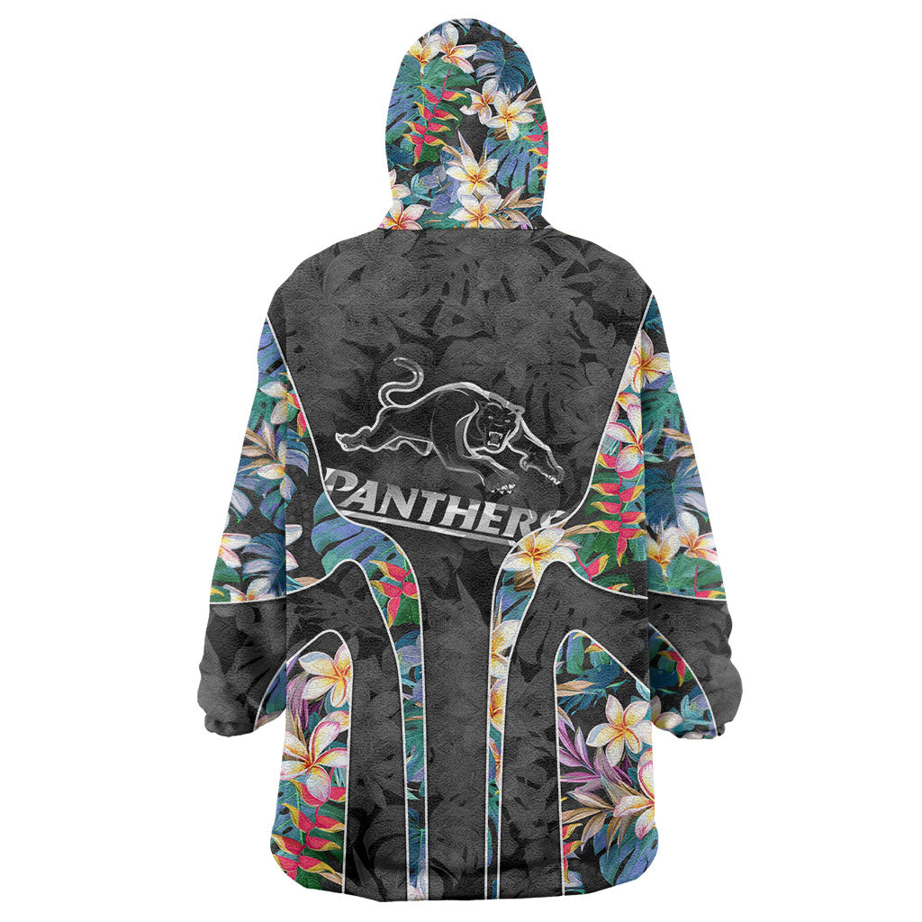 Penrith Panthers Wearable Blanket Hoodie Tropical Hibiscus Floral Pattern With Black And Grey Accents