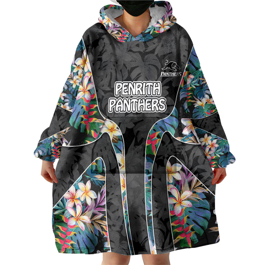 Penrith Panthers Wearable Blanket Hoodie Tropical Hibiscus Floral Pattern With Black And Grey Accents