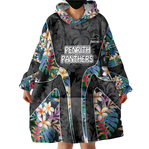 Penrith Panthers Wearable Blanket Hoodie Tropical Hibiscus Floral Pattern With Black And Grey Accents