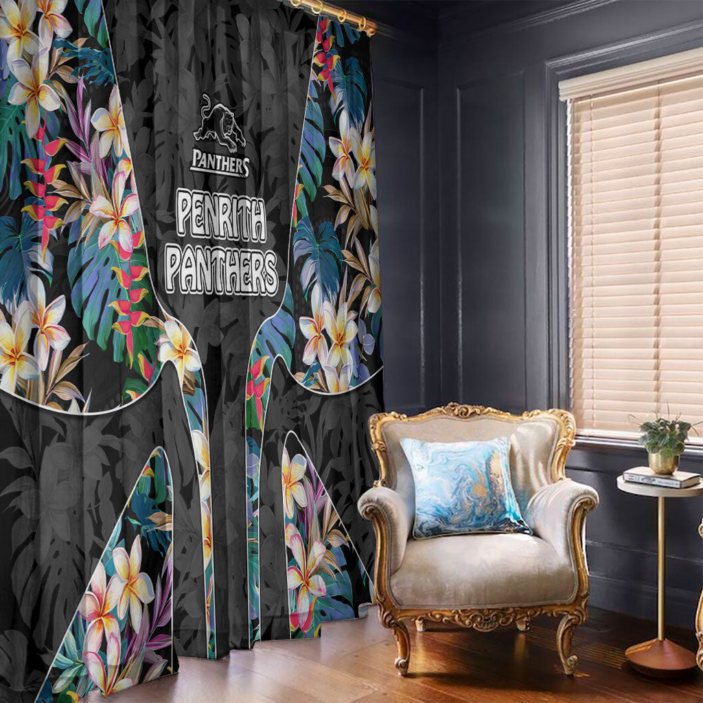 Penrith Panthers Window Curtain Tropical Hibiscus Floral Pattern With Black And Grey Accents