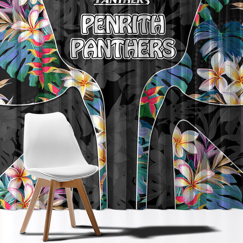 Penrith Panthers Window Curtain Tropical Hibiscus Floral Pattern With Black And Grey Accents