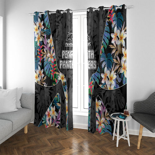 Penrith Panthers Window Curtain Tropical Hibiscus Floral Pattern With Black And Grey Accents