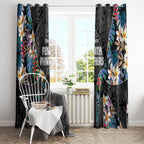 Penrith Panthers Window Curtain Tropical Hibiscus Floral Pattern With Black And Grey Accents