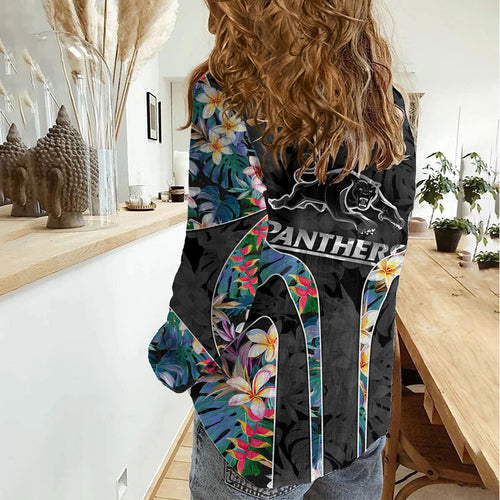 Penrith Panthers Women Casual Shirt Tropical Hibiscus Floral Pattern With Black And Grey Accents