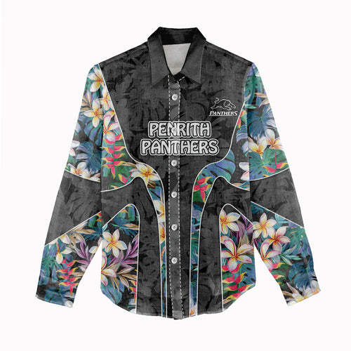 Penrith Panthers Women Casual Shirt Tropical Hibiscus Floral Pattern With Black And Grey Accents