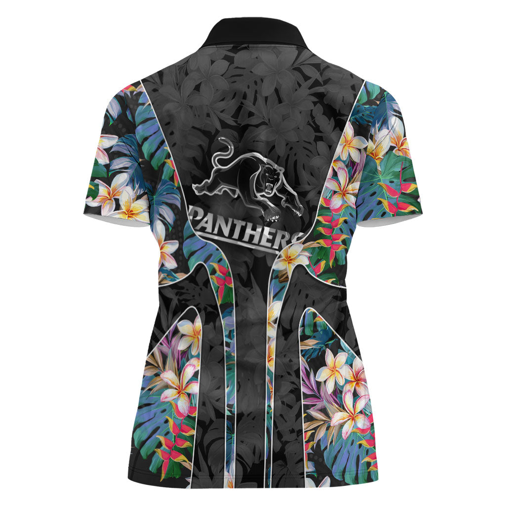 Penrith Panthers Women Polo Shirt Tropical Hibiscus Floral Pattern With Black And Grey Accents