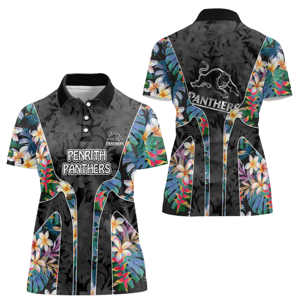 Penrith Panthers Women Polo Shirt Tropical Hibiscus Floral Pattern With Black And Grey Accents