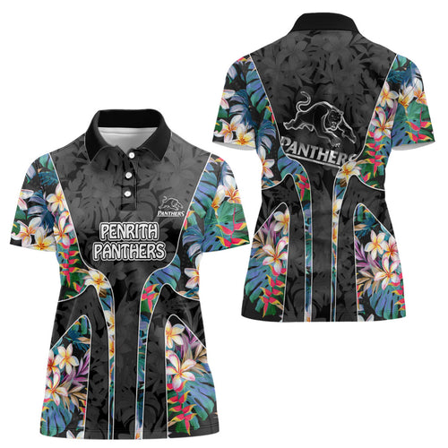 Penrith Panthers Women Polo Shirt Tropical Hibiscus Floral Pattern With Black And Grey Accents