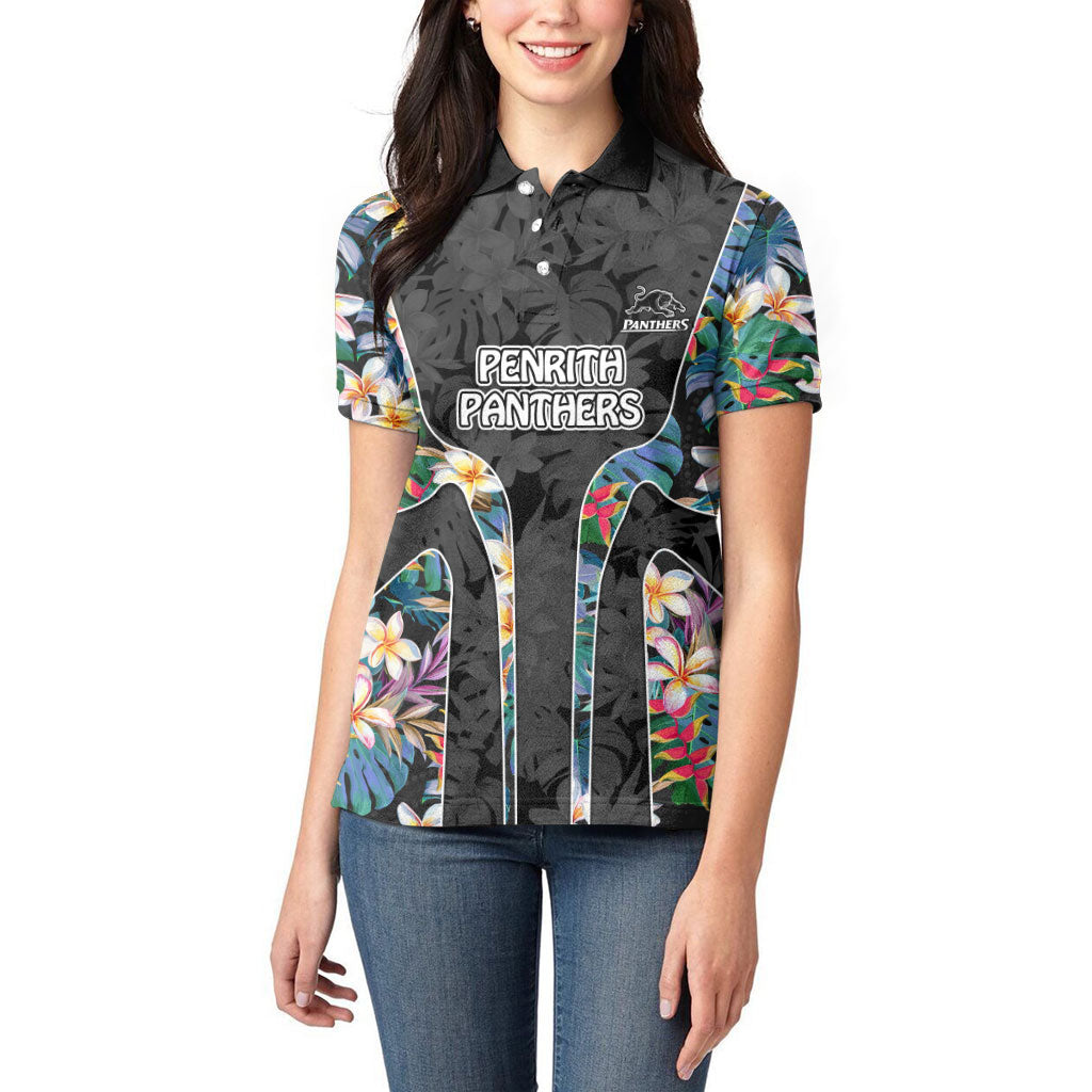Penrith Panthers Women Polo Shirt Tropical Hibiscus Floral Pattern With Black And Grey Accents
