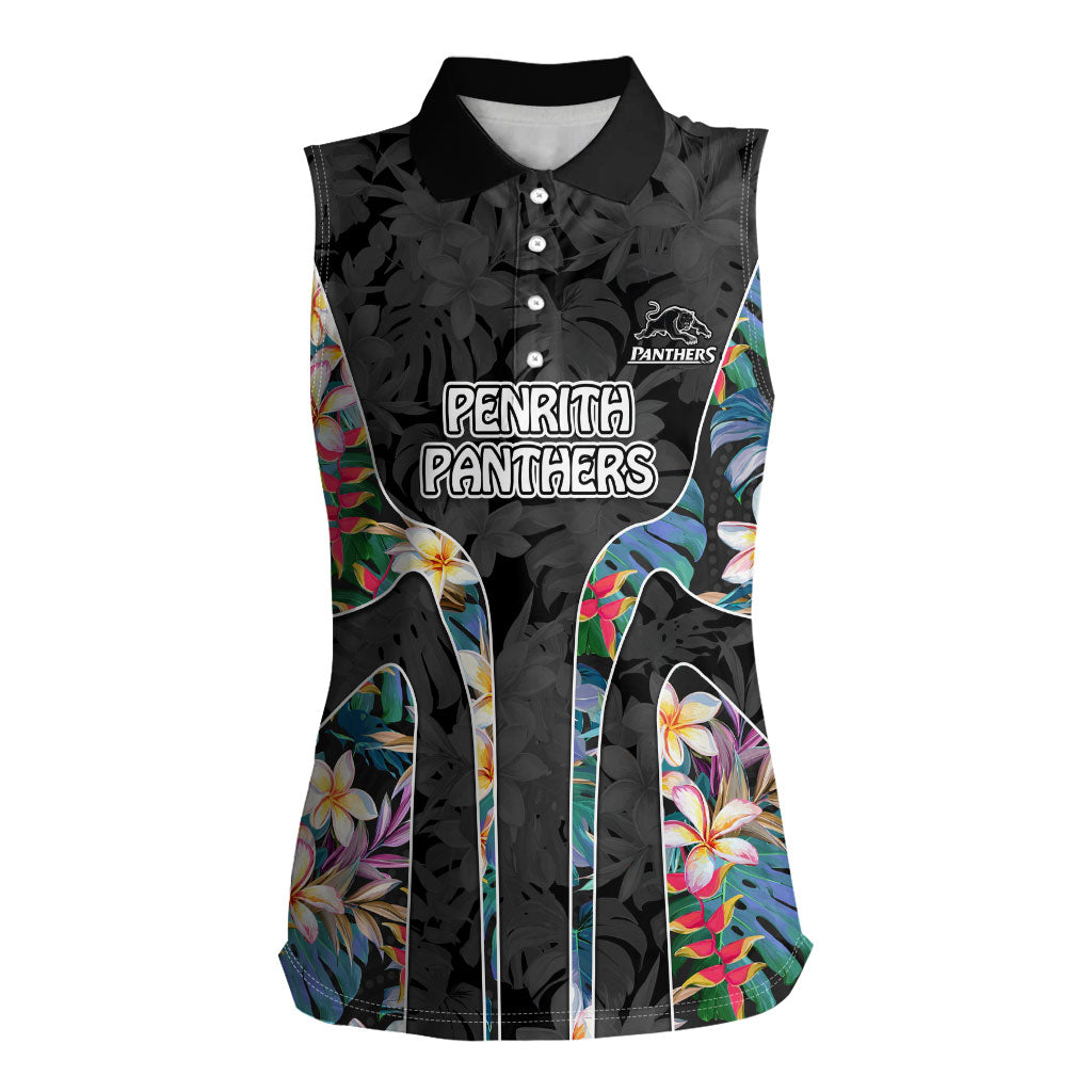 Penrith Panthers Women Sleeveless Polo Shirt Tropical Hibiscus Floral Pattern With Black And Grey Accents